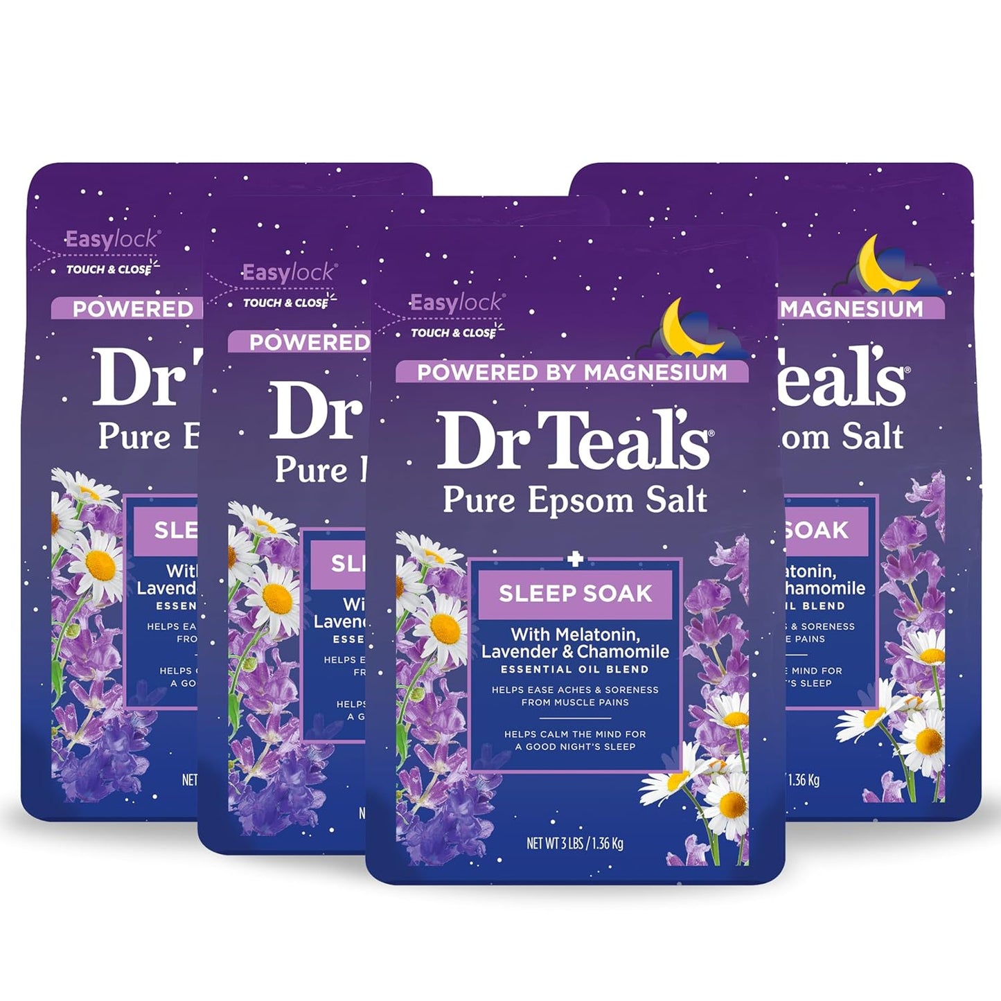 Pure Epsom Magnesium Salt Soak, Sleep Blend with Melatonin, Lavender & Essential Oils, 3 Lb (Pack of 4)