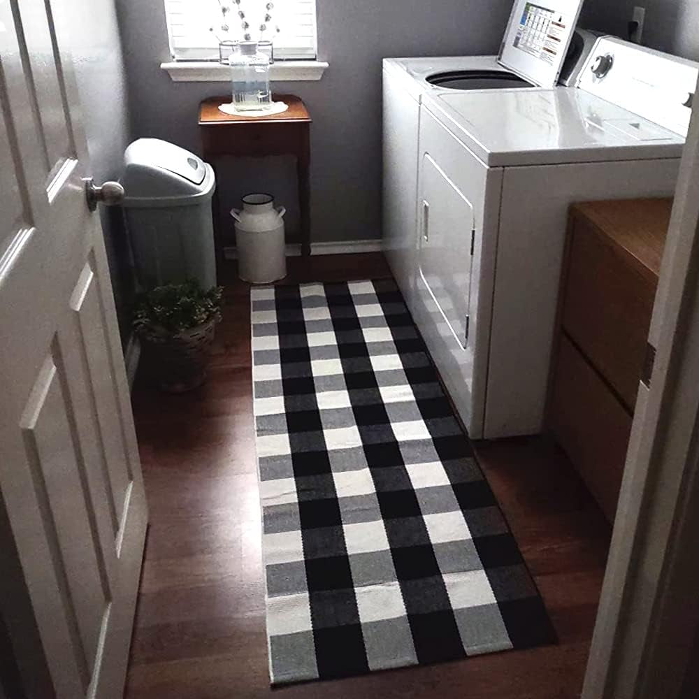 Buffalo Plaid Runner Rug - 2' X 6' Black Checkered Runner Rug, Farmhouse, Indoor, Washable, Water Resistant