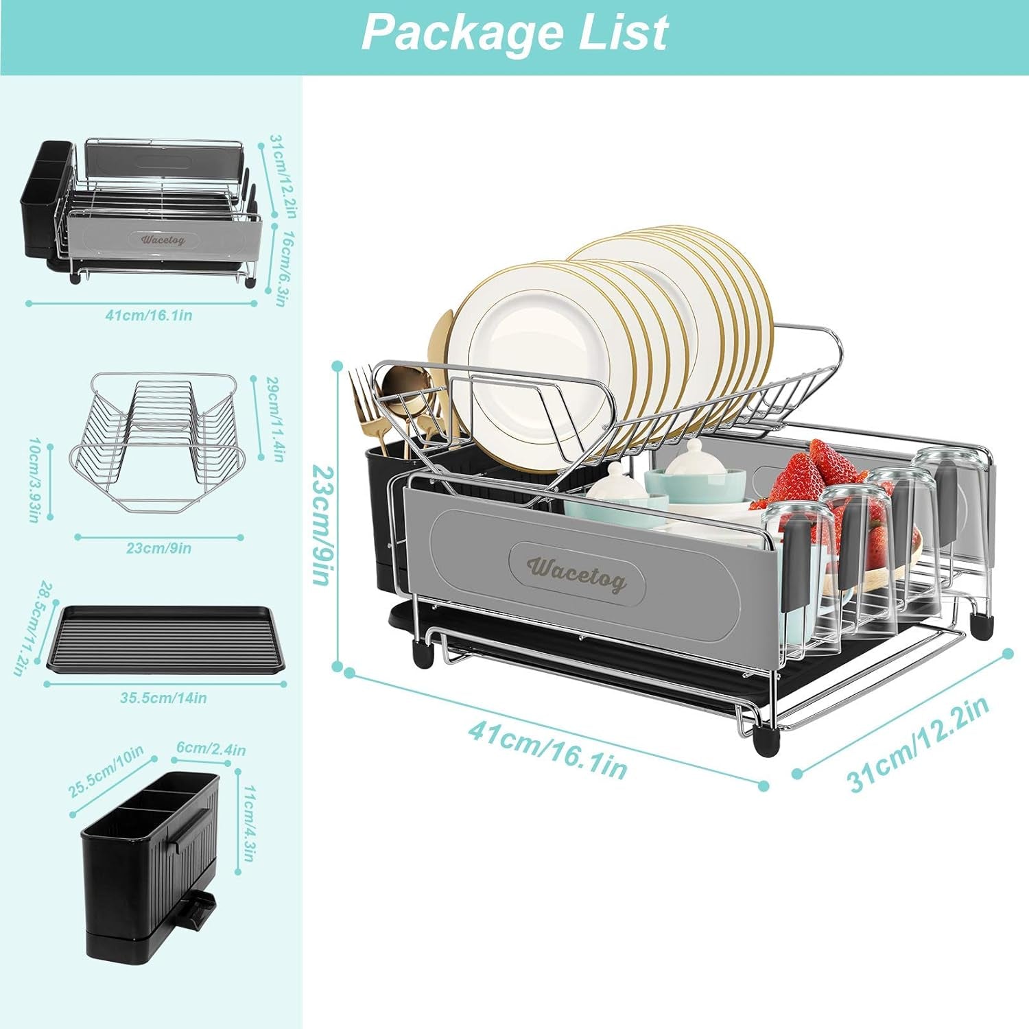 Dish Drying Rack, 2 Tier Dish Rack Drainboard Set Stainless Steel Dish Drainer for Kitchen Counter with Removable Utensil Holder, 4 Cup Holders and Drainboard Tray