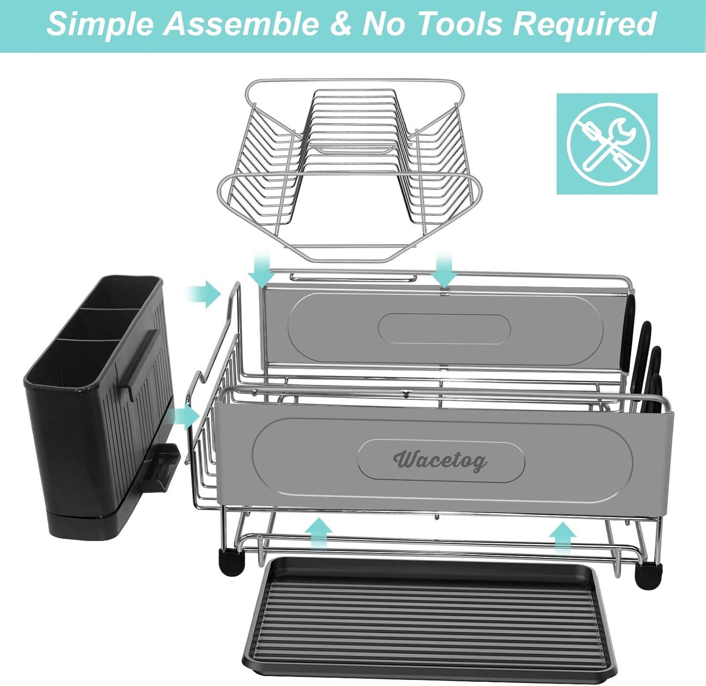 Dish Drying Rack, 2 Tier Dish Rack Drainboard Set Stainless Steel Dish Drainer for Kitchen Counter with Removable Utensil Holder, 4 Cup Holders and Drainboard Tray