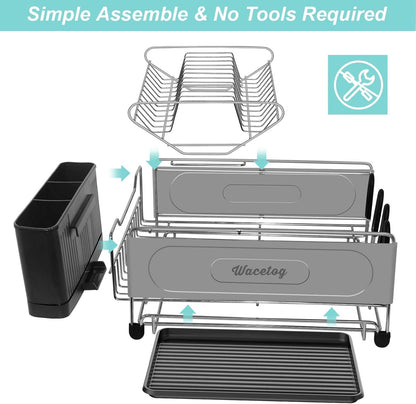 Dish Drying Rack, 2 Tier Dish Rack Drainboard Set Stainless Steel Dish Drainer for Kitchen Counter with Removable Utensil Holder, 4 Cup Holders and Drainboard Tray