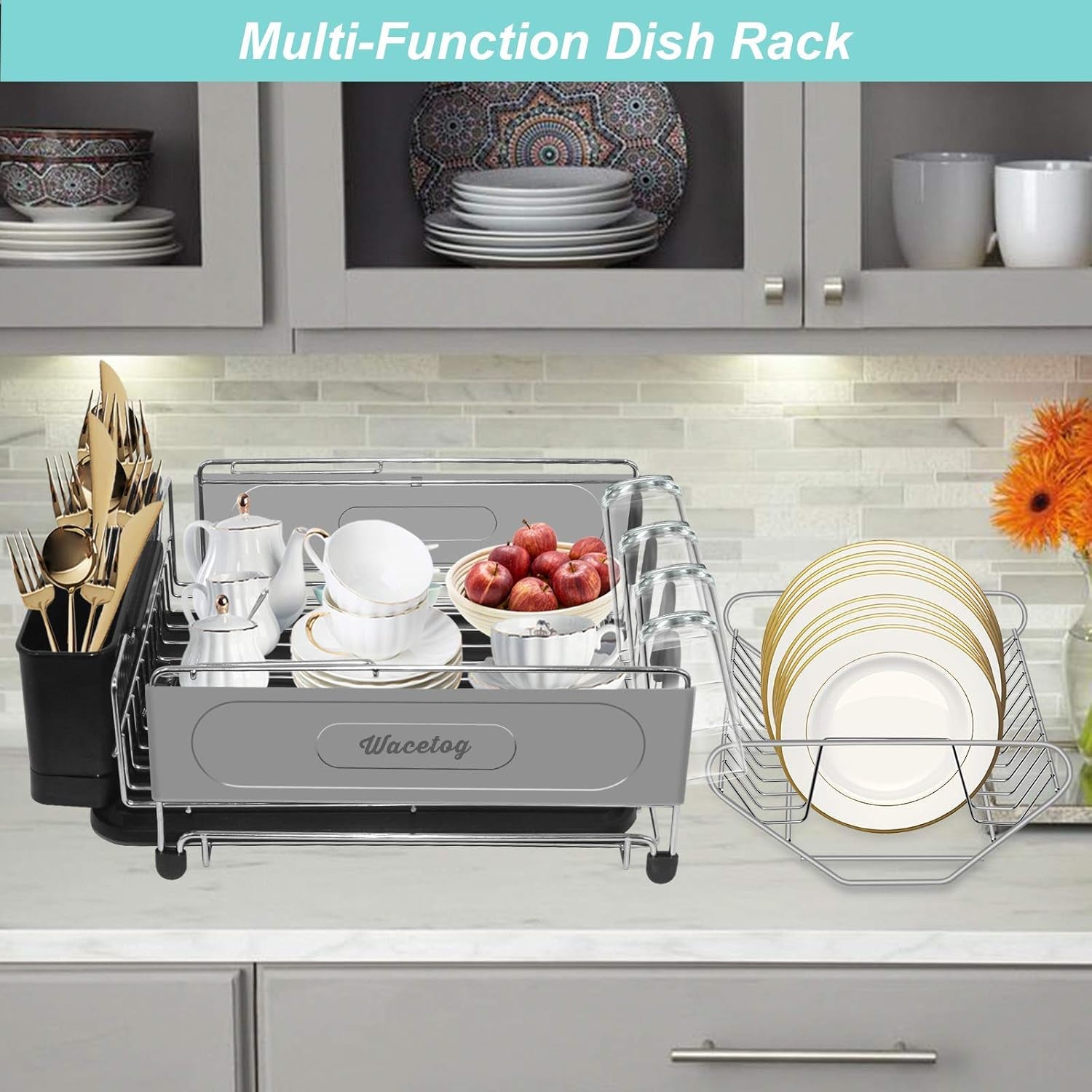 Dish Drying Rack, 2 Tier Dish Rack Drainboard Set Stainless Steel Dish Drainer for Kitchen Counter with Removable Utensil Holder, 4 Cup Holders and Drainboard Tray