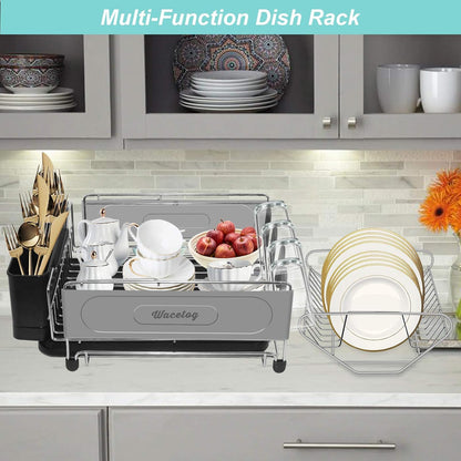 Dish Drying Rack, 2 Tier Dish Rack Drainboard Set Stainless Steel Dish Drainer for Kitchen Counter with Removable Utensil Holder, 4 Cup Holders and Drainboard Tray