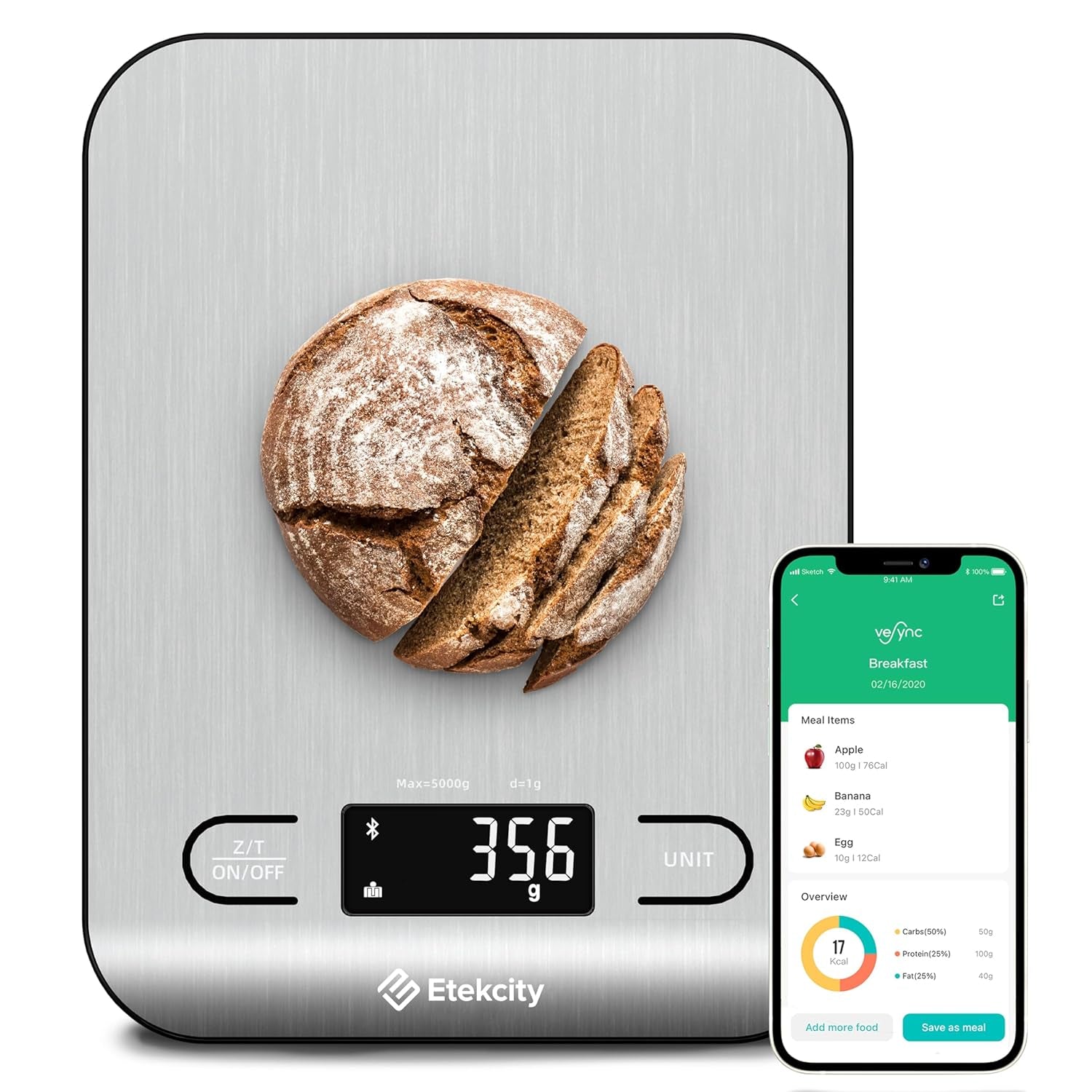 Food Nutrition Kitchen Scale, Digital Grams and Ounces for Weight Loss, Baking, Cooking, Keto and Meal Prep, Large, 304 Stainless Steel