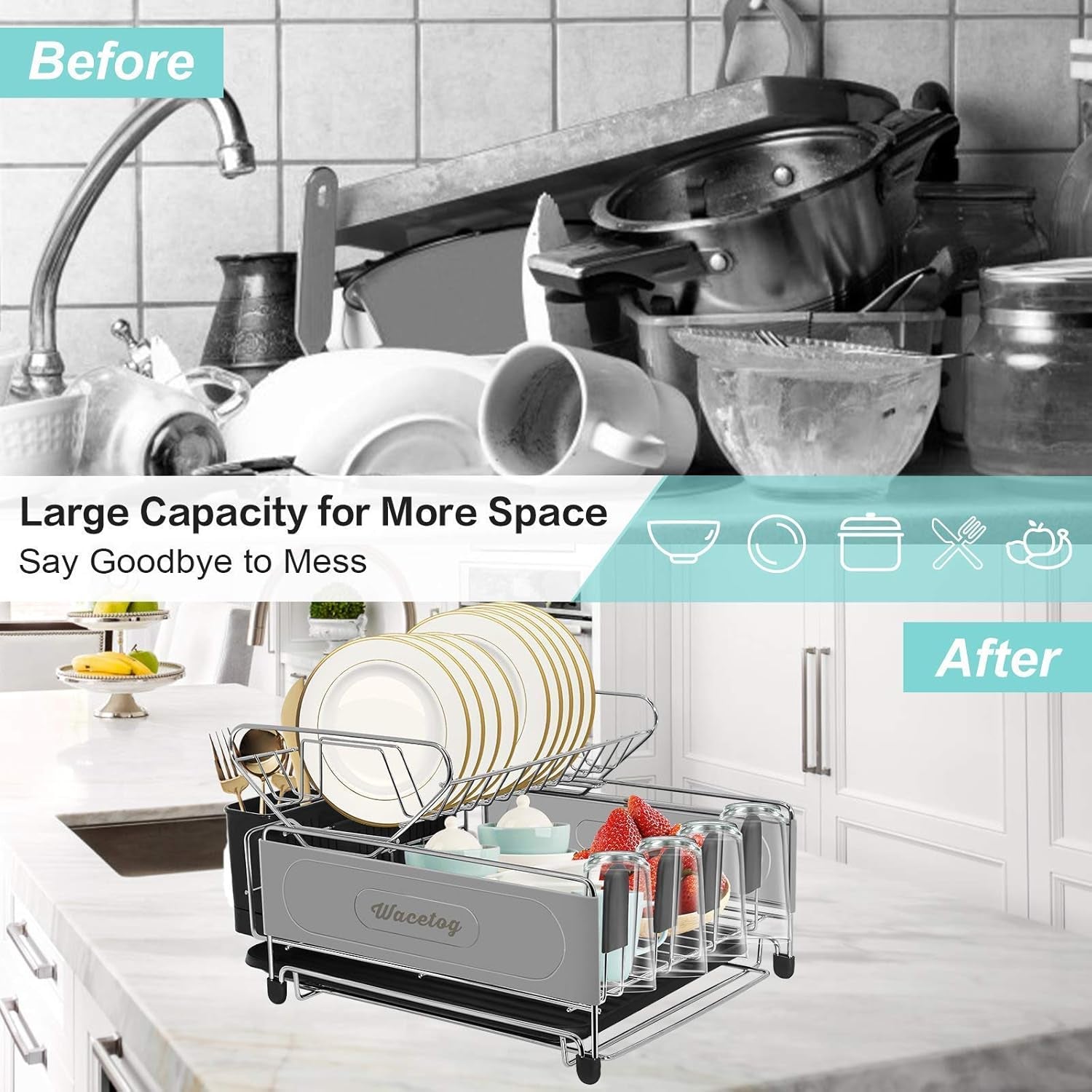Dish Drying Rack, 2 Tier Dish Rack Drainboard Set Stainless Steel Dish Drainer for Kitchen Counter with Removable Utensil Holder, 4 Cup Holders and Drainboard Tray