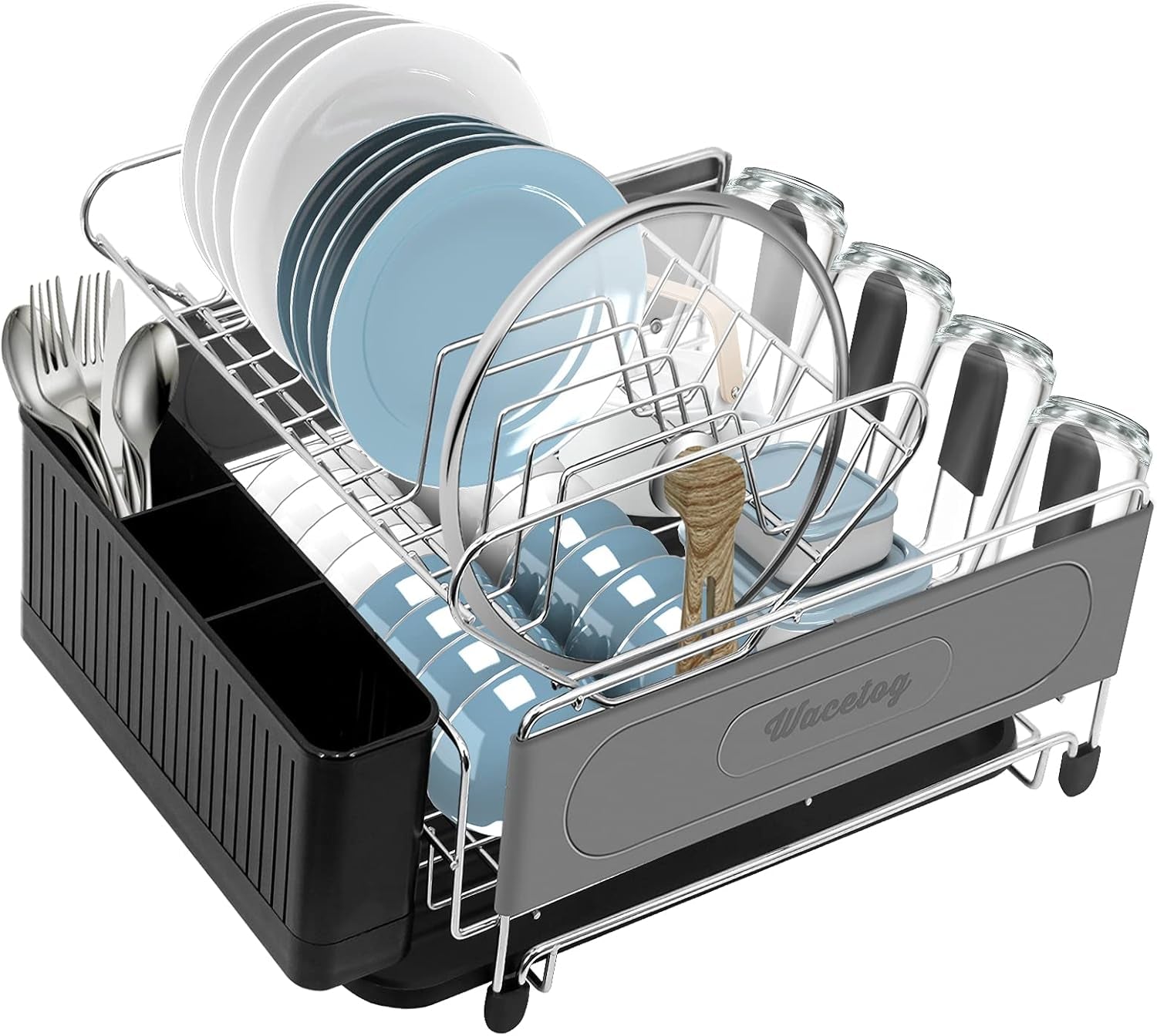 Dish Drying Rack, 2 Tier Dish Rack Drainboard Set Stainless Steel Dish Drainer for Kitchen Counter with Removable Utensil Holder, 4 Cup Holders and Drainboard Tray