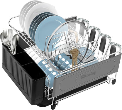 Dish Drying Rack, 2 Tier Dish Rack Drainboard Set Stainless Steel Dish Drainer for Kitchen Counter with Removable Utensil Holder, 4 Cup Holders and Drainboard Tray