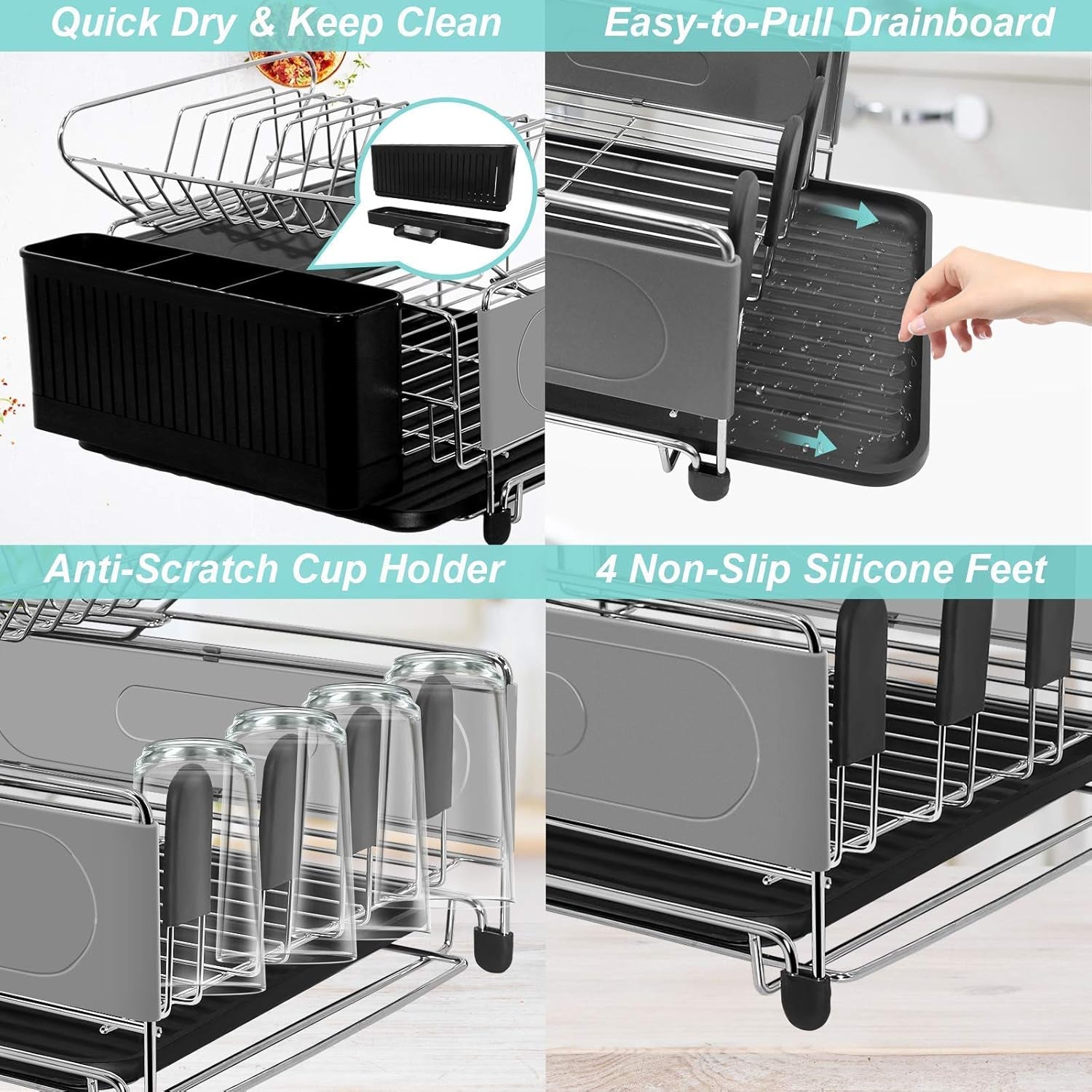 Dish Drying Rack, 2 Tier Dish Rack Drainboard Set Stainless Steel Dish Drainer for Kitchen Counter with Removable Utensil Holder, 4 Cup Holders and Drainboard Tray
