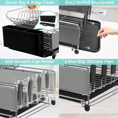 Dish Drying Rack, 2 Tier Dish Rack Drainboard Set Stainless Steel Dish Drainer for Kitchen Counter with Removable Utensil Holder, 4 Cup Holders and Drainboard Tray